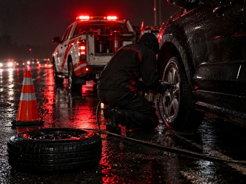 Borracharia móvel da WS trocando pneu furado na estrada à noite